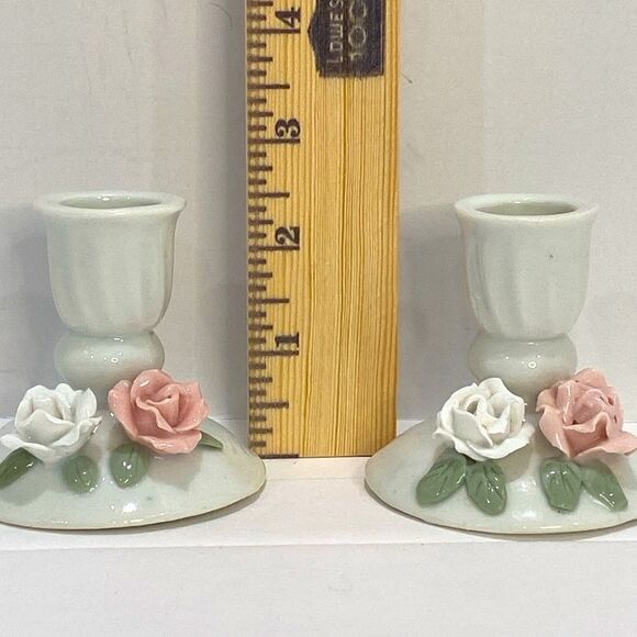 Vintage Porcelain Small Candle Stick Holders With Hand Painted Rose Design - Picture 9 of 12